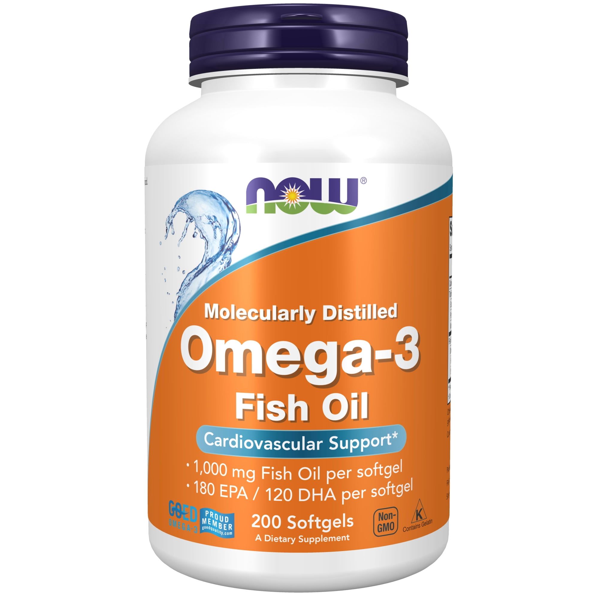 NOW Supplements, Omega 3 180 EPA / 120 DHA, Molecularly Distilled, Cardiovascular Support*, 200 Softgels
