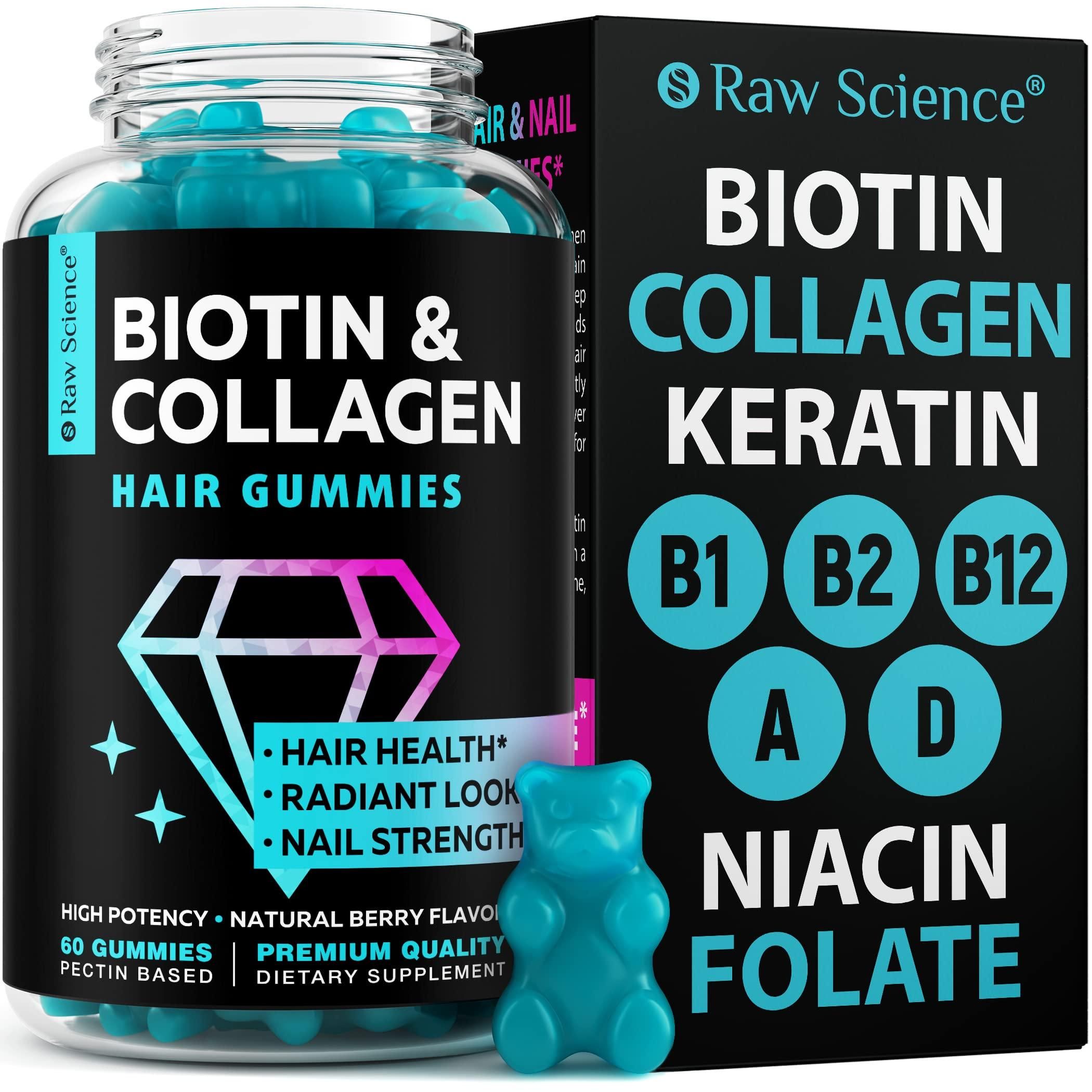 S Raw Science Biotin Collagen Gummies Hair Skin and Nails Vitamins for Women Men Hair Growth Vitamins: B1 B2 B3 B5 B7 B9 B12 Collagen Keratin Vitamin A D 60 Gummy Bears