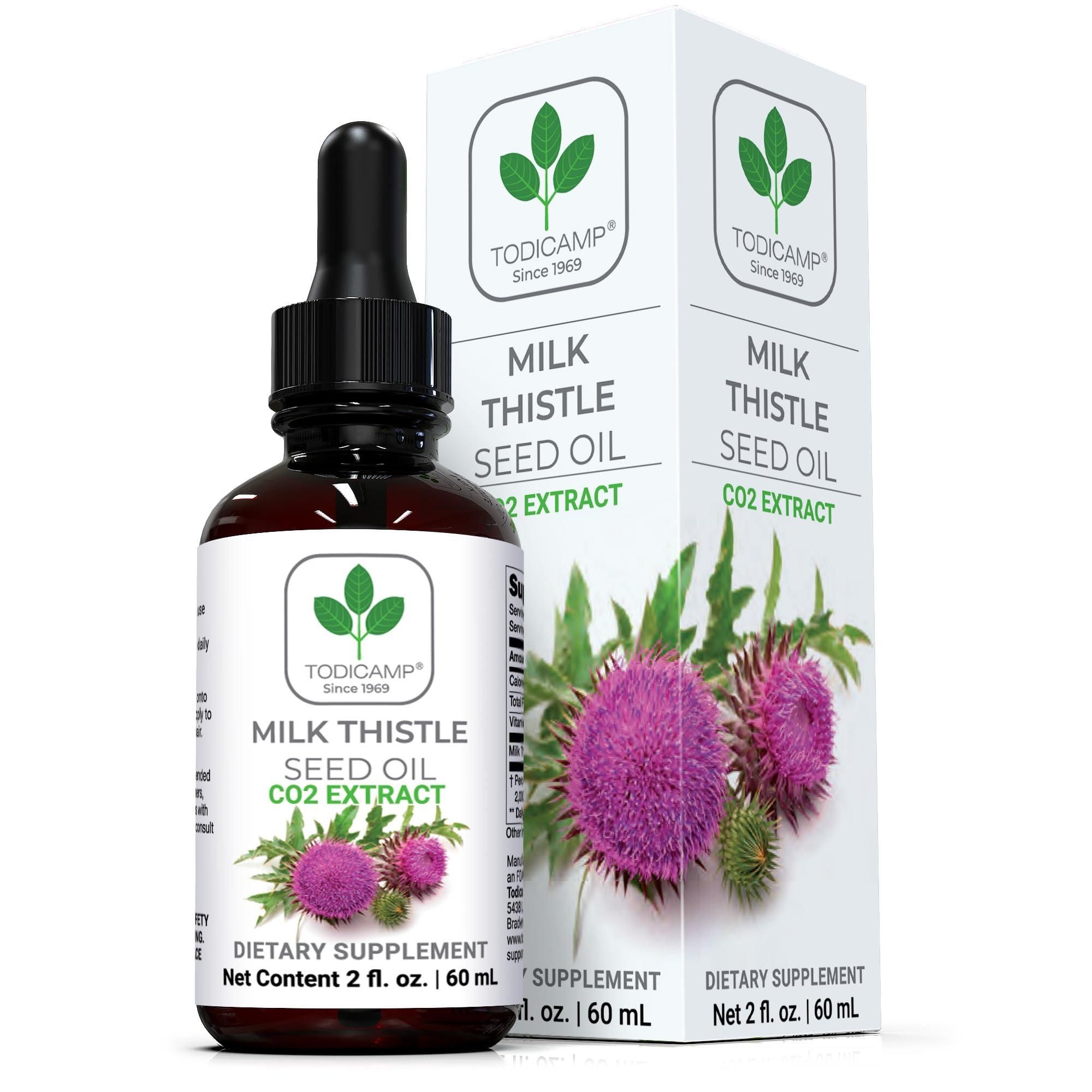 Todicamp CO2 Extracted Milk Thistle Seed Oil 100% Potent Liver Support Milk Thistle Oil Rich in Silymarin Zinc Omegas Tocopherols Pure Milk Thistle Drops 2 Fl Oz